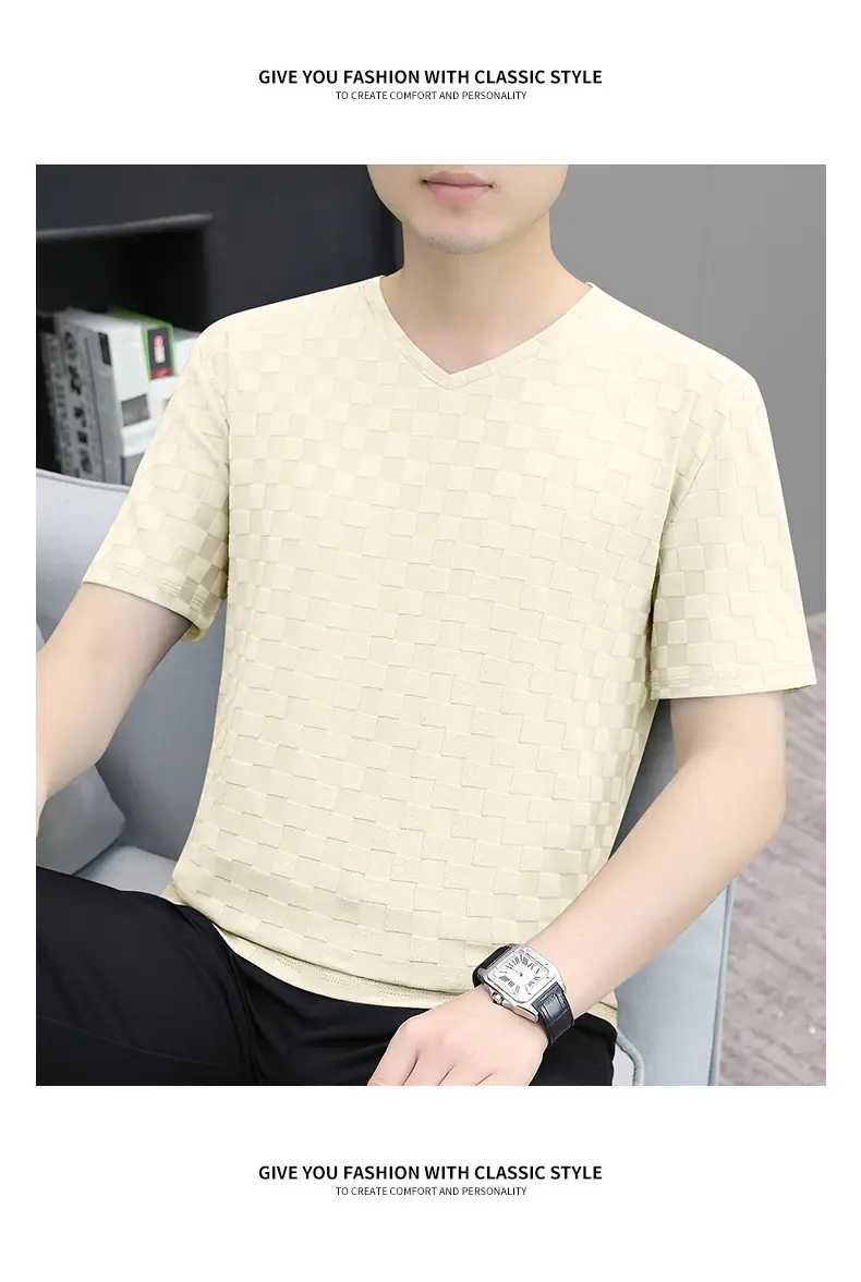 Men Ice Silk Checkerboard V-Neck T-Shirt Grey — feature 25