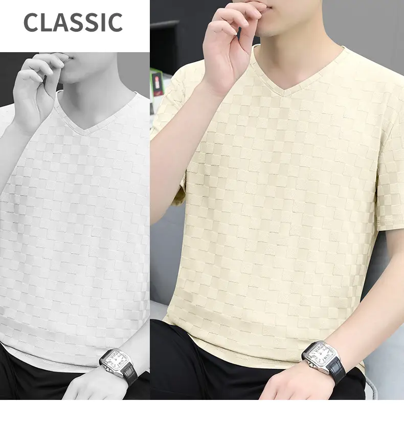 Men Ice Silk Checkerboard V-Neck T-Shirt Grey — feature 26