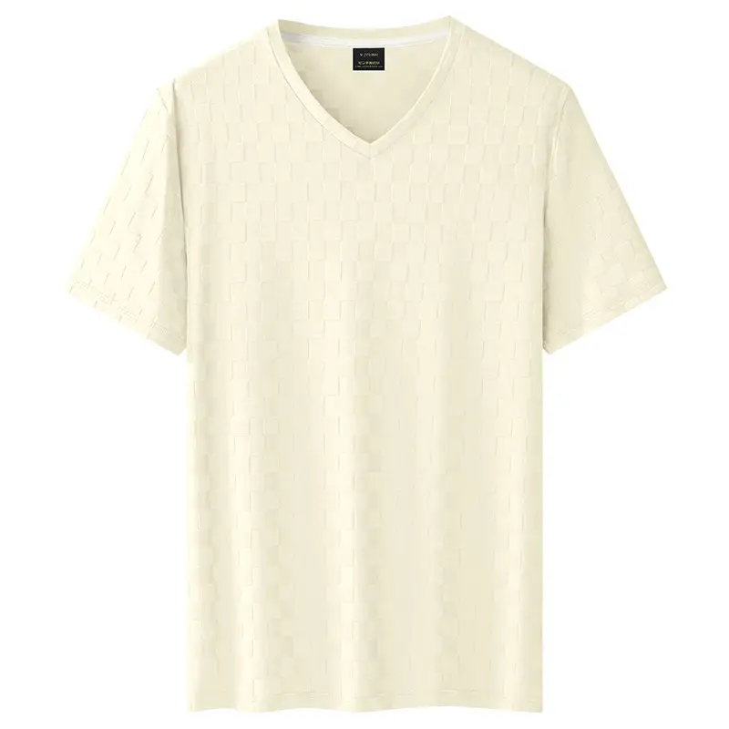 Men Ice Silk Checkerboard V-Neck T-Shirt Grey - Image 2