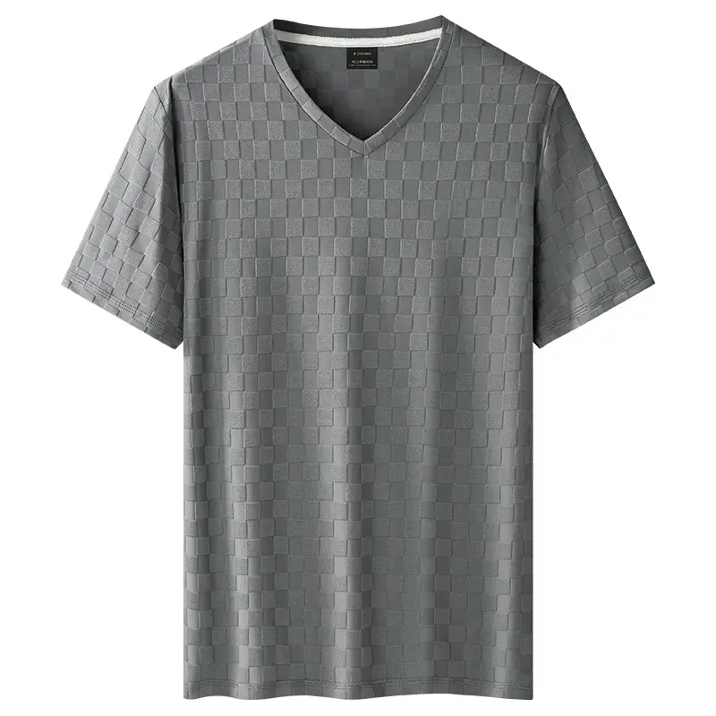 Men Ice Silk Checkerboard V-Neck T-Shirt Grey - Image 3