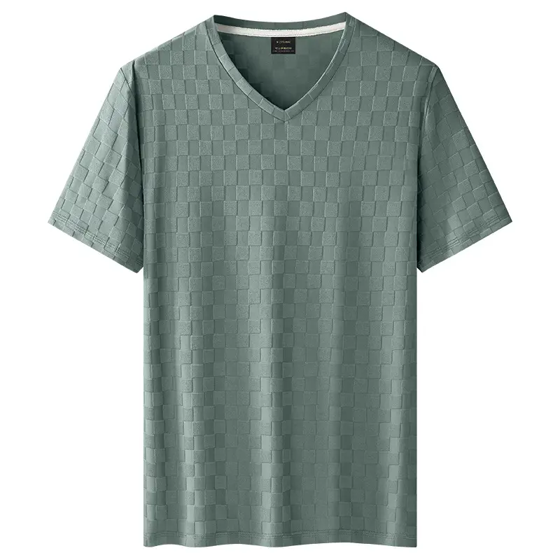 Men Ice Silk Checkerboard V-Neck T-Shirt Grey - Image 4