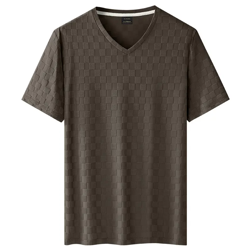 Men Ice Silk Checkerboard V-Neck T-Shirt Grey - Image 5