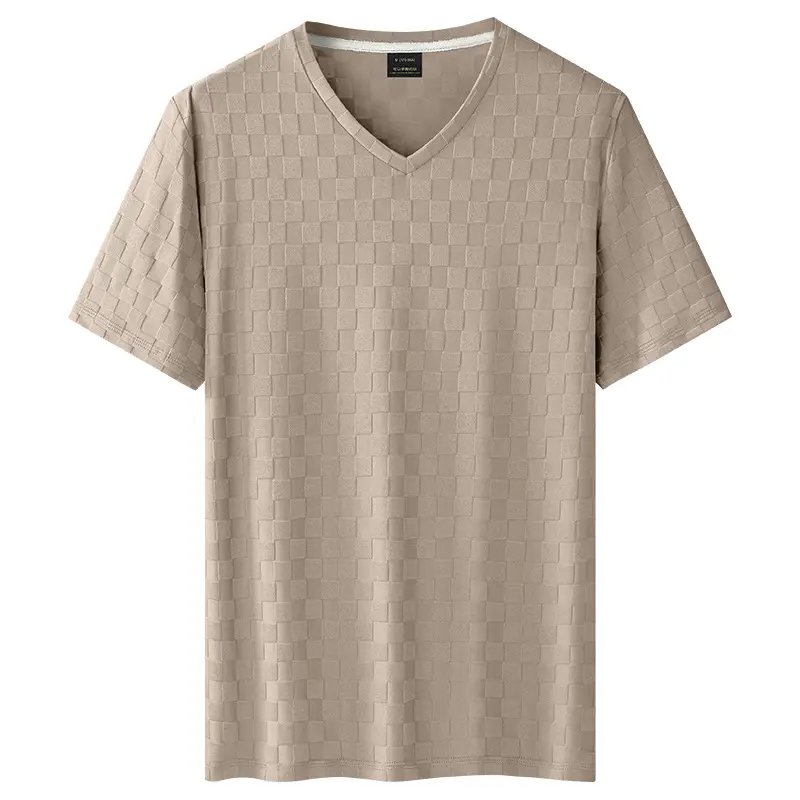 Men Ice Silk Checkerboard V-Neck T-Shirt Grey - Image 6