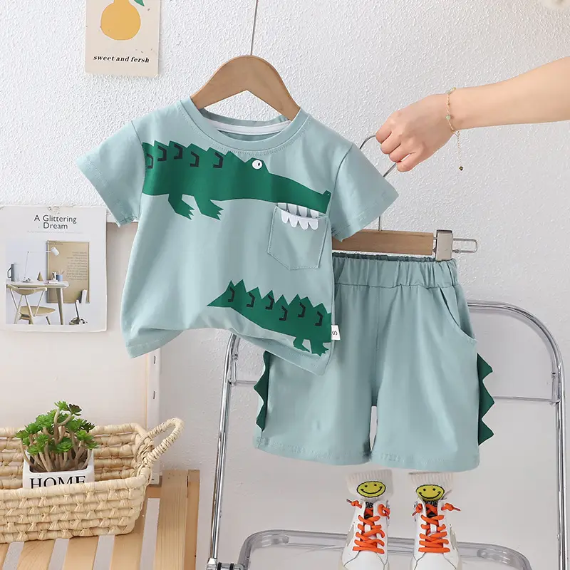 2024 Kids Cotton T-Shirt Shorts Set Mint Green - Image 2