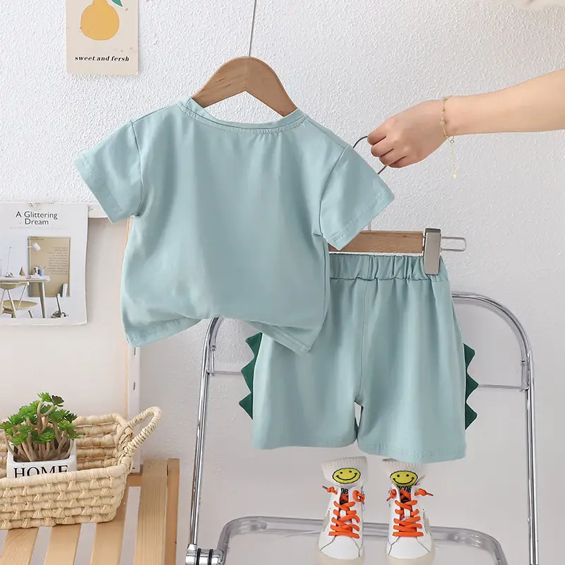 2024 Kids Cotton T-Shirt Shorts Set Mint Green - Image 4
