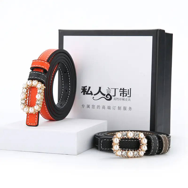 Women's Orange Pearl Belt Genuine Leather Double Sided - Image 6
