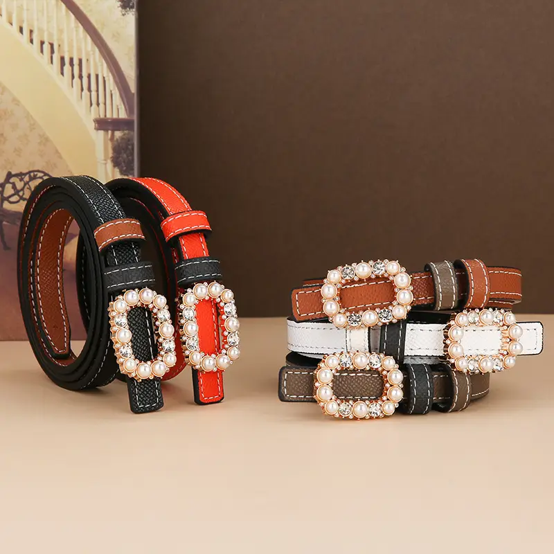 Women's Orange Pearl Belt Genuine Leather Double Sided - Image 7