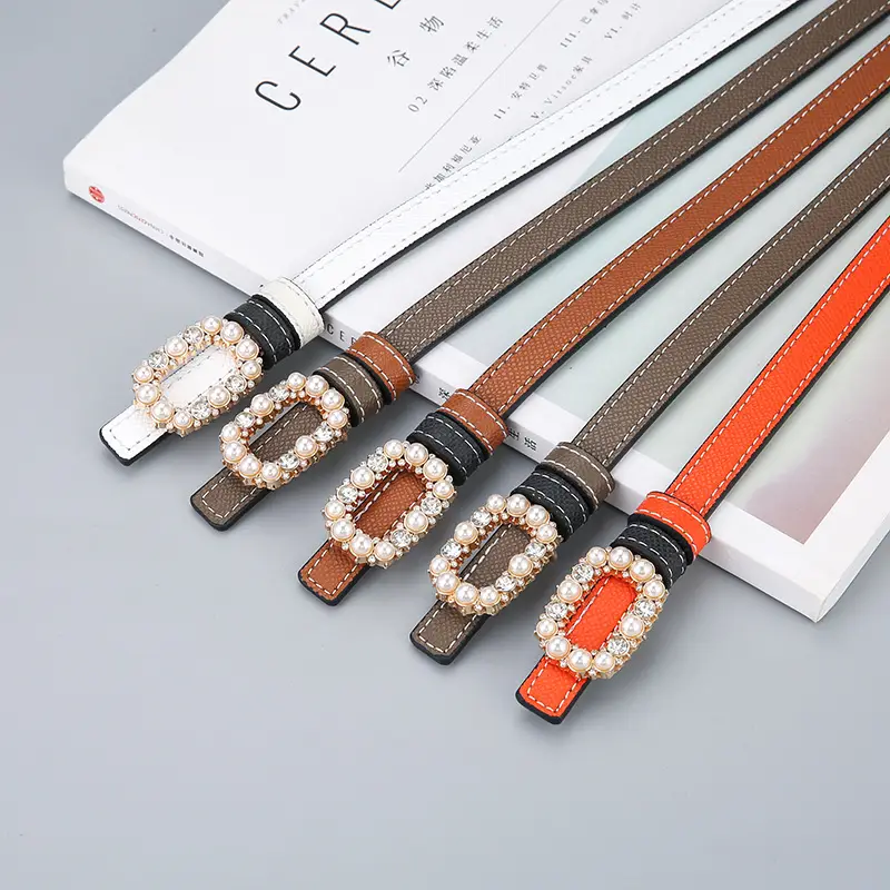 Women's Orange Pearl Belt Genuine Leather Double Sided - Image 8