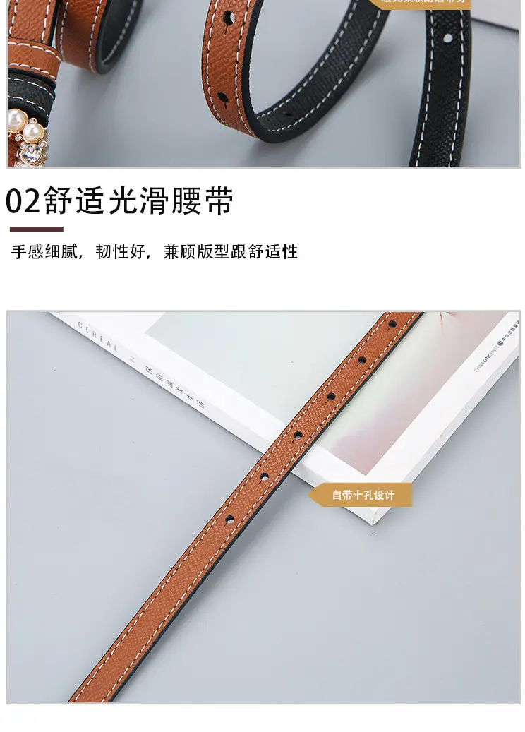 Women's Orange Pearl Belt Genuine Leather Double Sided — feature 10