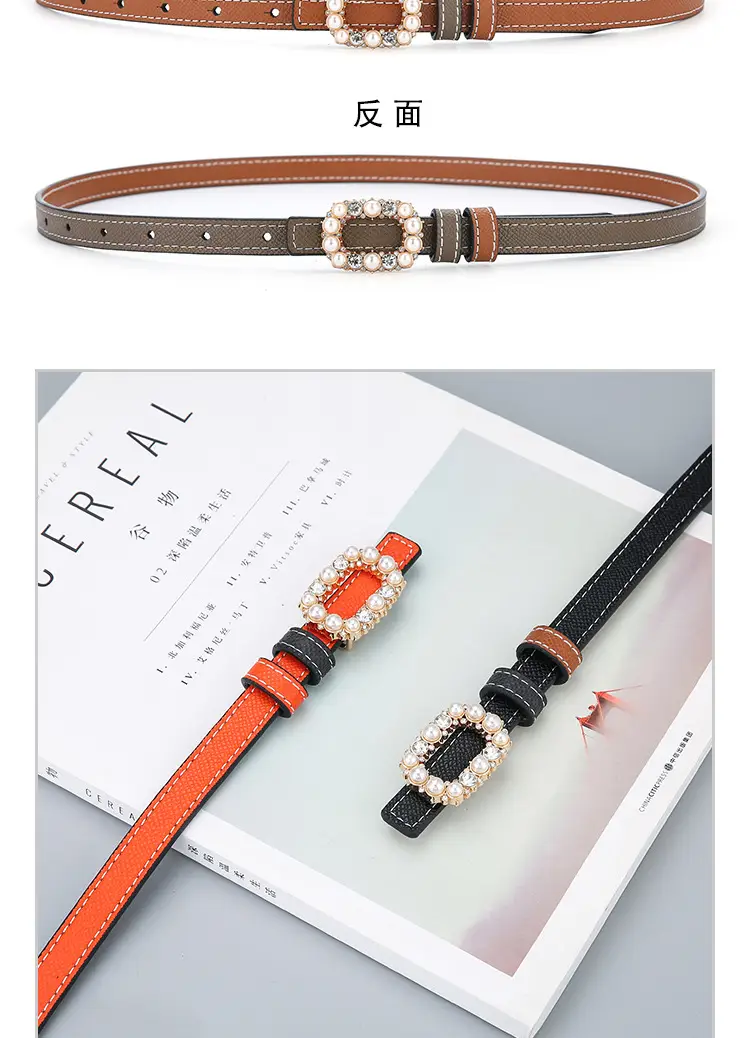Women's Orange Pearl Belt Genuine Leather Double Sided — feature 4