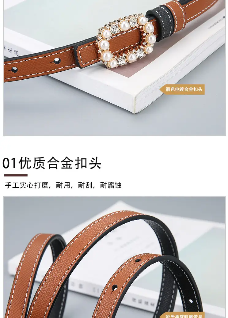 Women's Orange Pearl Belt Genuine Leather Double Sided — feature 9