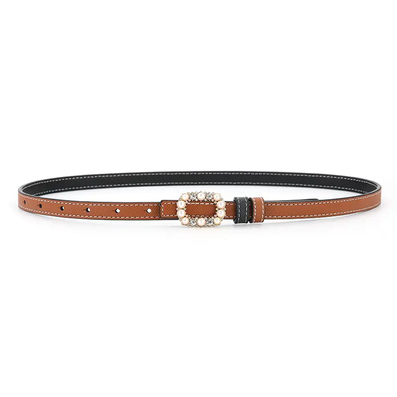 Women's Orange Pearl Belt Genuine Leather Double Sided - Image 2