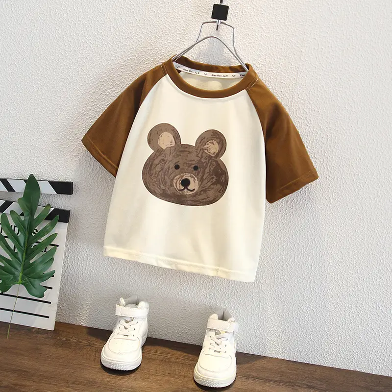 Boys T-shirt Bear Print Brown Cream Summer Wear