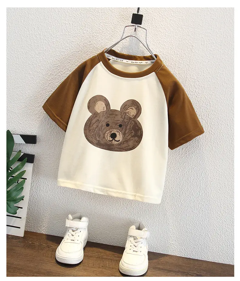 Boys T-shirt Bear Print Brown Cream Summer Wear — feature 5