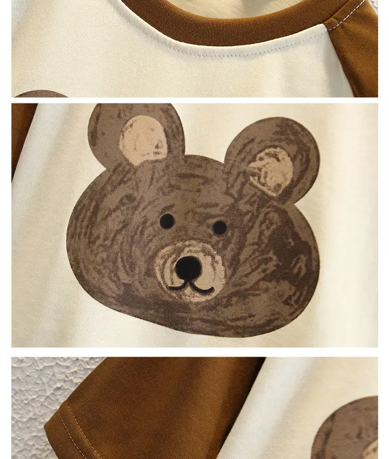 Boys T-shirt Bear Print Brown Cream Summer Wear — feature 8