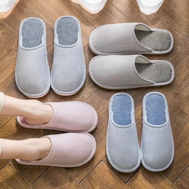 Cixi Cotton Slippers for Women, Autumn and Winter Home Warm and Dirt-Resistant Closed-Toe Cotton Slippers, Couple's Striped Slippers, Factory Wholesale