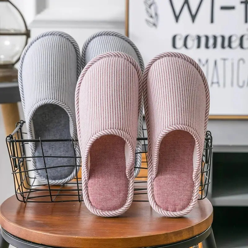 Cixi Cotton Slippers for Women, Autumn and Winter Home Warm and Dirt-Resistant Closed-Toe Cotton Slippers, Couple's Striped Slippers, Factory Wholesale