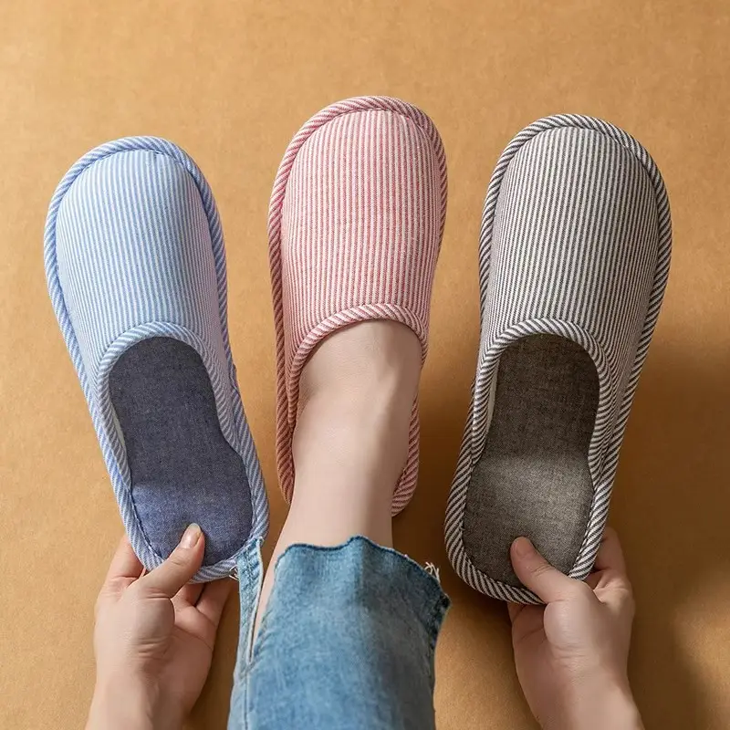 Cixi Cotton Slippers for Women, Autumn and Winter Home Warm and Dirt-Resistant Closed-Toe Cotton Slippers, Couple's Striped Slippers, Factory Wholesale