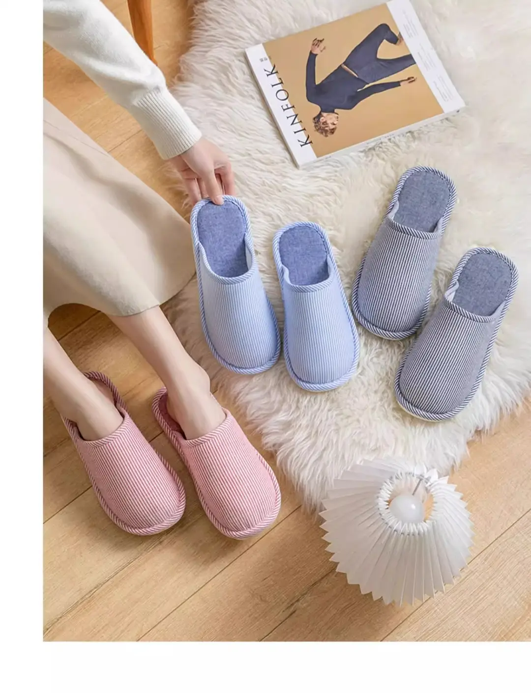 Cixi Cotton Slippers for Women, Autumn and Winter Home Warm and Dirt-Resistant Closed-Toe Cotton Slippers, Couple's Striped Slippers, Factory Wholesale — feature 19