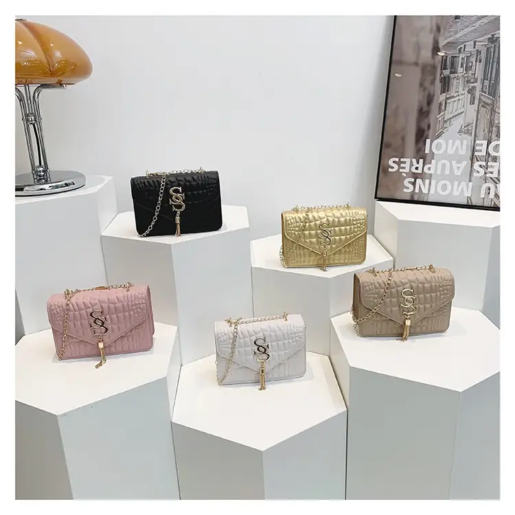 Women's Gold Croc Patch Bag with Chain & Square Design - Image 6
