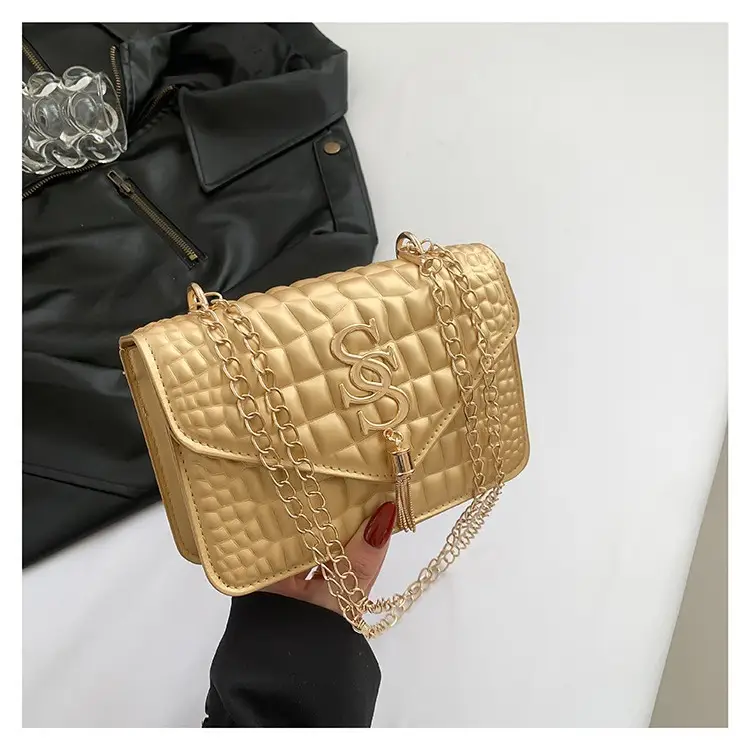 Women's Gold Croc Patch Bag with Chain & Square Design - Image 7