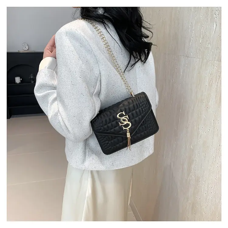 Women's Gold Croc Patch Bag with Chain & Square Design - Image 8