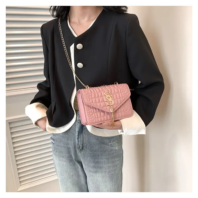 Women's Gold Croc Patch Bag with Chain & Square Design - Image 9