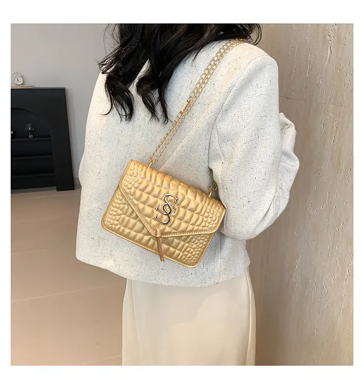 Women's Gold Croc Patch Bag with Chain & Square Design — feature 12