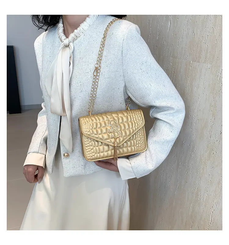 Women's Gold Croc Patch Bag with Chain & Square Design — feature 13