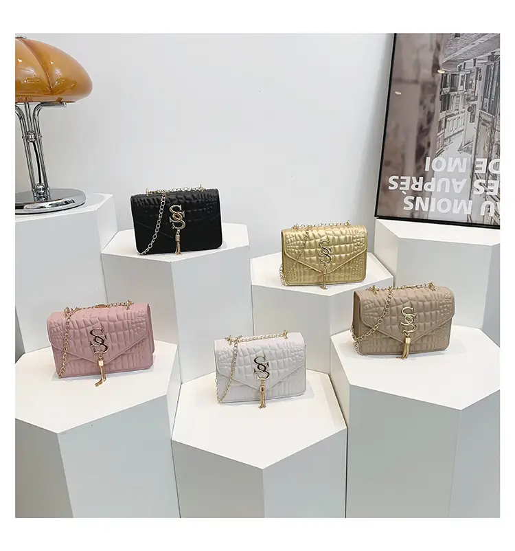 Women's Gold Croc Patch Bag with Chain & Square Design — feature 27