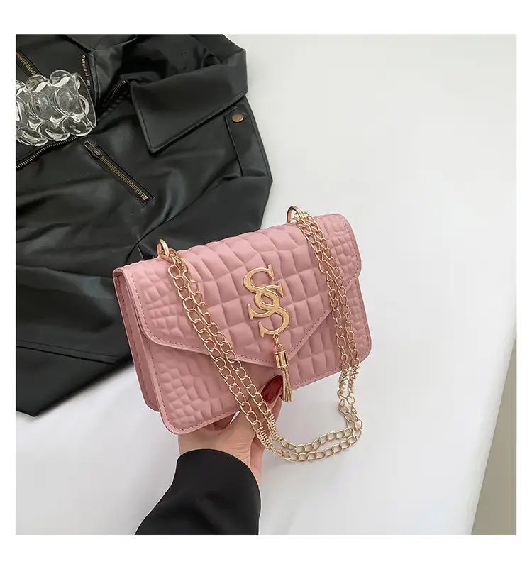 Women's Gold Croc Patch Bag with Chain & Square Design - Image 3