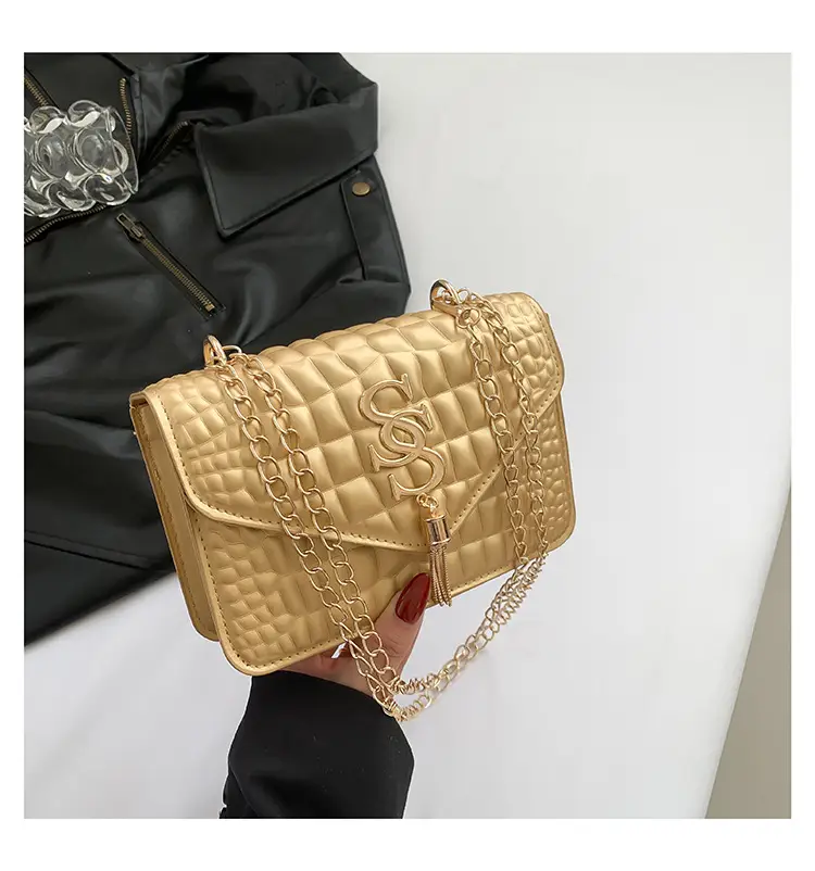 Women's Gold Croc Patch Bag with Chain & Square Design - Image 4