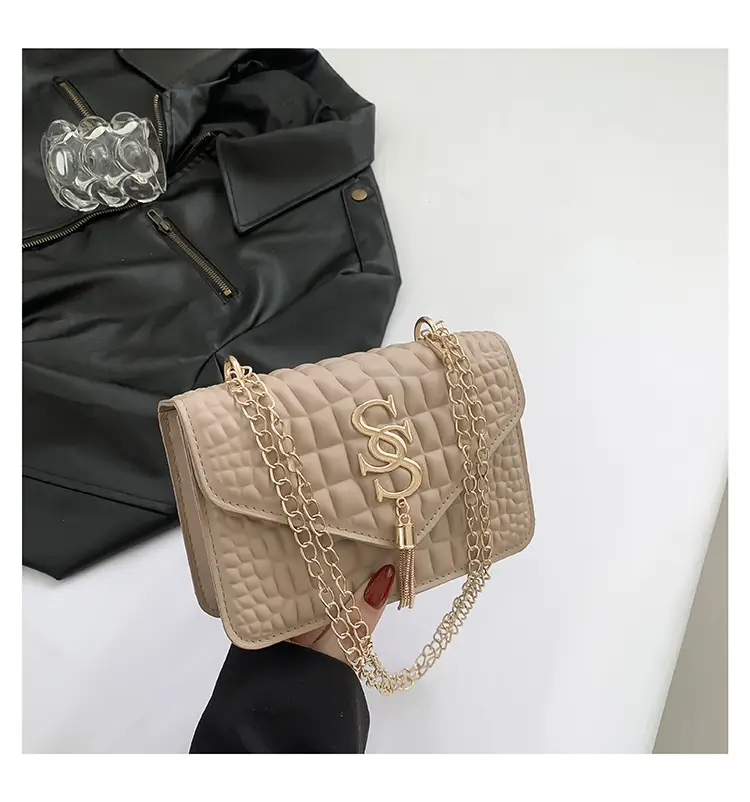 Women's Gold Croc Patch Bag with Chain & Square Design - Image 5