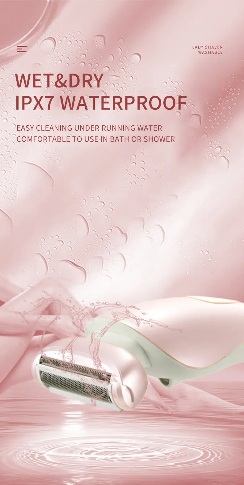 Pink Women's Shaving Epilator, Whole Body Hair Trimmer, Armpit Private Part Shaver, Seven-Level Waterproof — feature 6