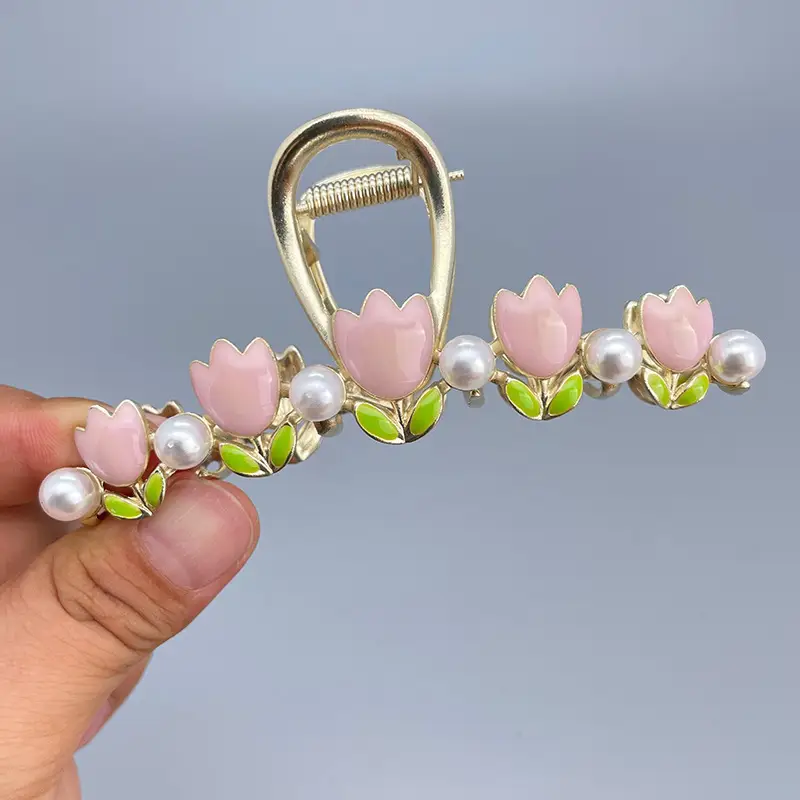 Pink Flower Pearl Hair Clip for Women