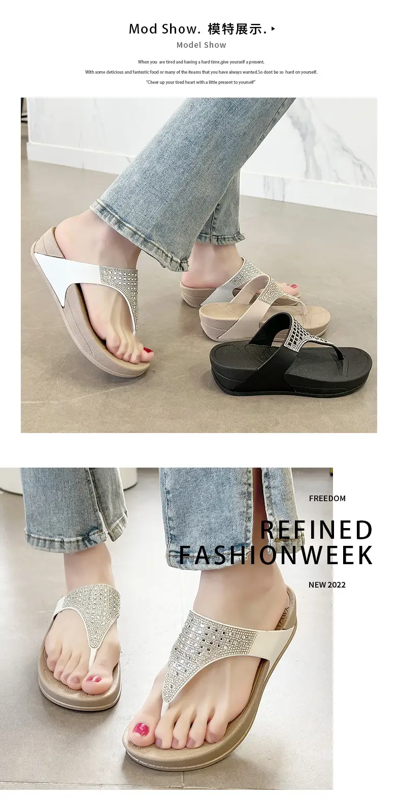 Xinzhili 2025 Cross-Border Slippers for Women, Fashionable Bright Diamond Flip-Flops, Summer Thick-Soled Beach Sandals — feature 6