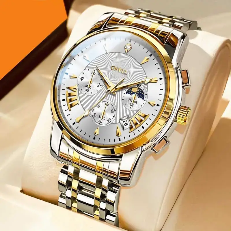 Men's Luxury Luminous Quartz Watch Gold Silver Steel Band - Image 7