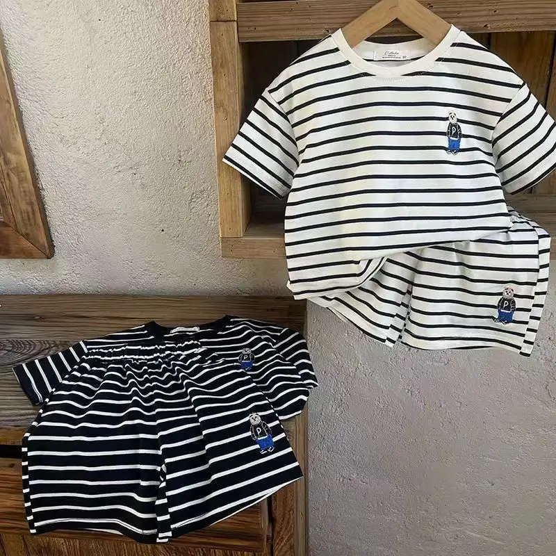 23 New Kids Striped Shorts T-Shirt Set Summer Two-Piece — feature 5