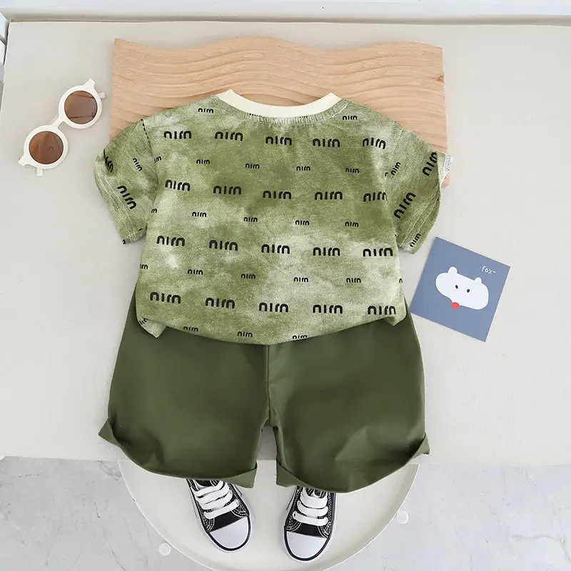 Korean Style Boys Summer T-Shirt Shorts Set Brown Beige - Image 6