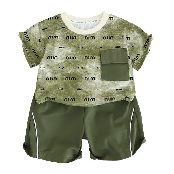 Korean Style Boys Summer T-Shirt Shorts Set Brown Beige - Image 7