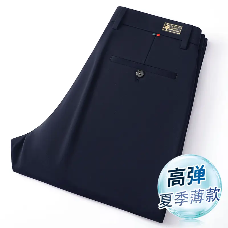 Men Navy Blue Slim Fit Summer Pants Thin - Image 2
