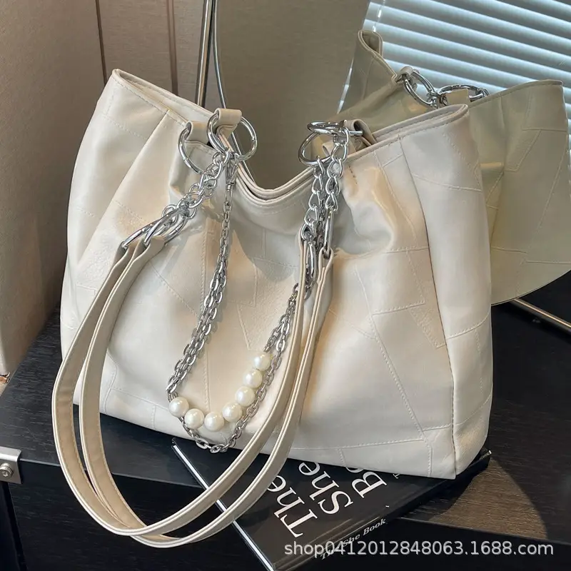 Women's Large Capacity Chain Pearl Tote Bag Cream - Image 5