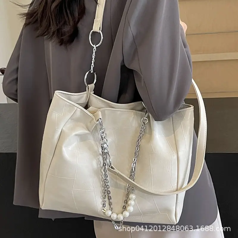 Women's Large Capacity Chain Pearl Tote Bag Cream - Image 8