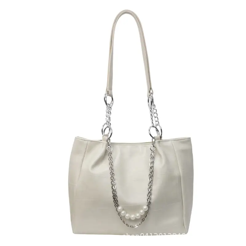 Women's Large Capacity Chain Pearl Tote Bag Cream - Image 9