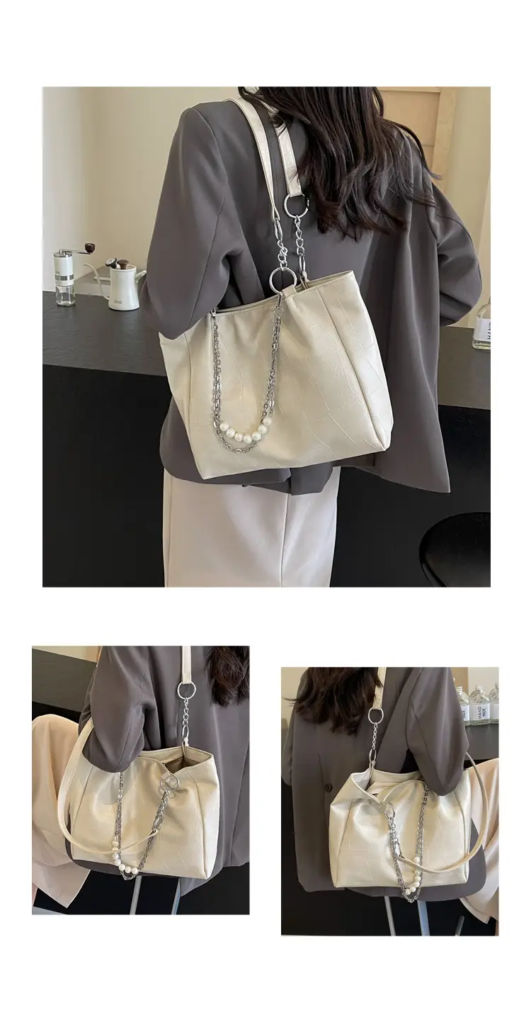 Women's Large Capacity Chain Pearl Tote Bag Cream — feature 12