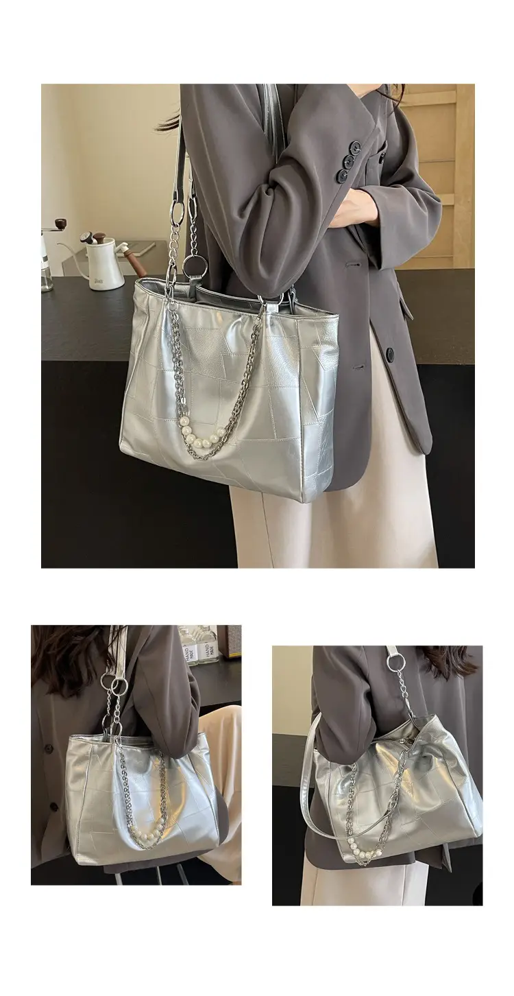 Women's Large Capacity Chain Pearl Tote Bag Cream — feature 13