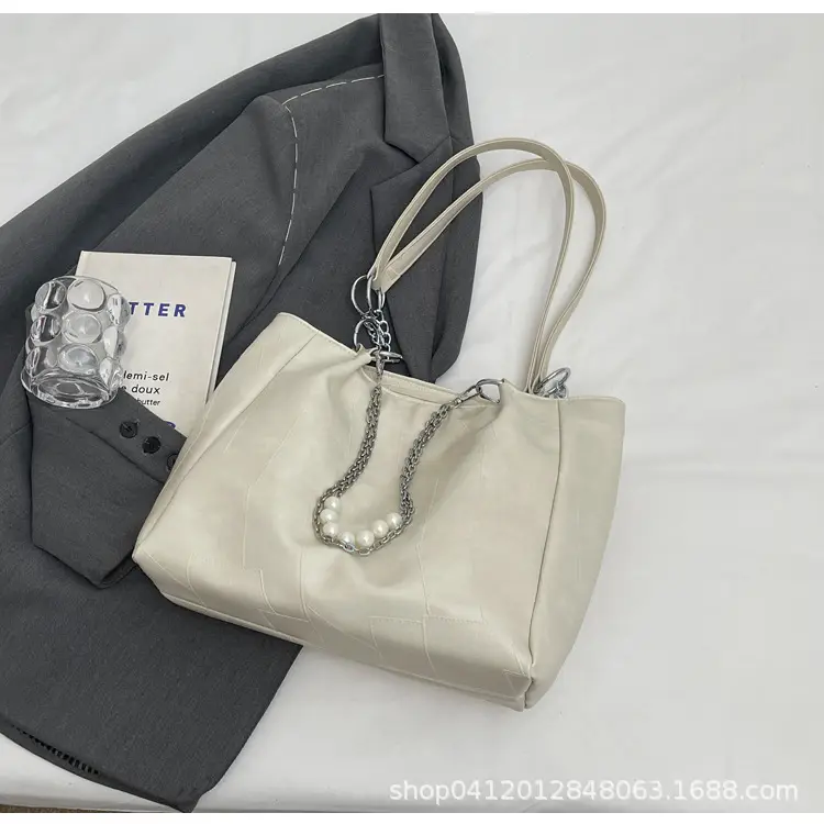 Women's Large Capacity Chain Pearl Tote Bag Cream - Image 3