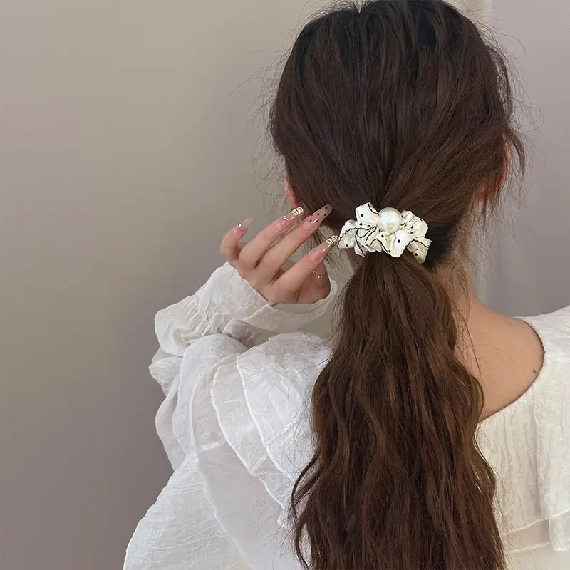 Pearl Hair Ring French Style Black White - Image 6