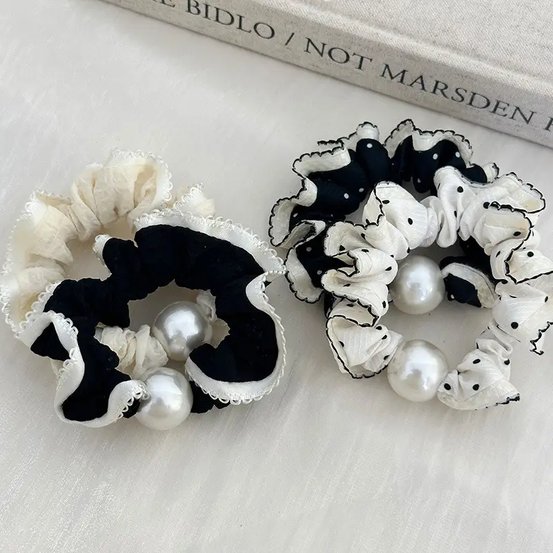 Pearl Hair Ring French Style Black White - Image 7