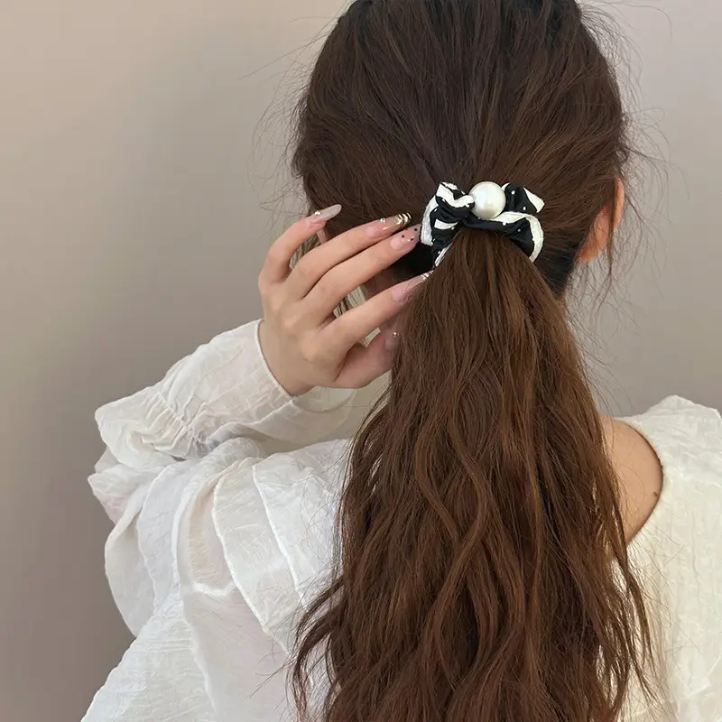 Pearl Hair Ring French Style Black White - Image 8